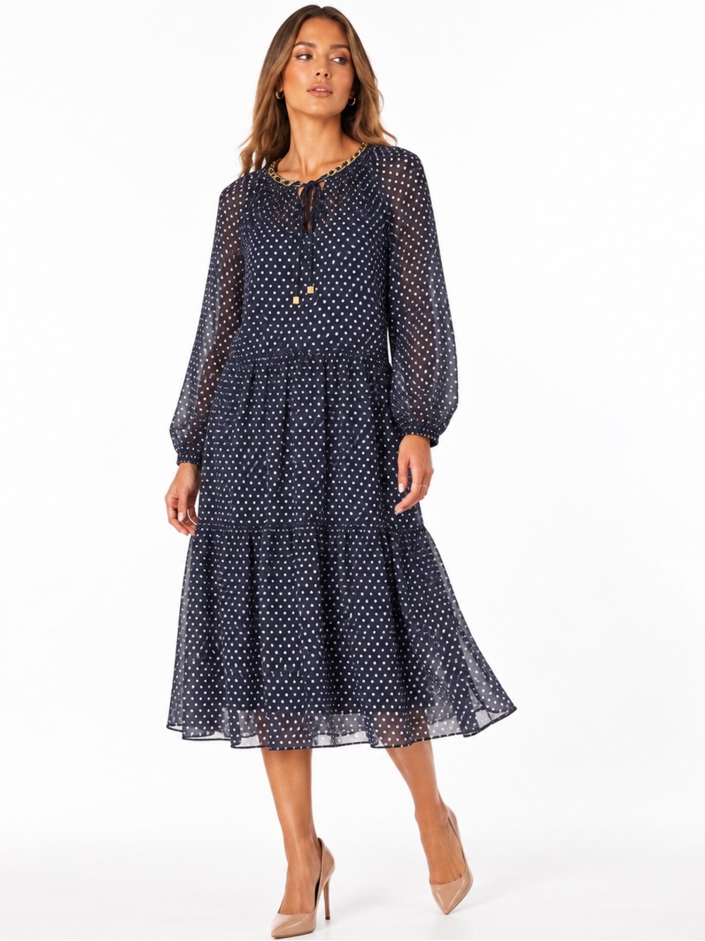 Michael Kors Navy Polka Dot Chiffon Tiered Midi Dress Size S NWT